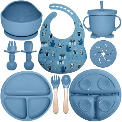 Juego de alimentación de silicona para bebés 10 piezas utensilios de destete plato para bebé babero cuenco cuchara taza Foto 1 de 4
