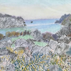 Japanese Rocky Ocean Coastline Pastel Drawing Art Signed Yoshihiro Hagino FL313 - Picture 1 of 8