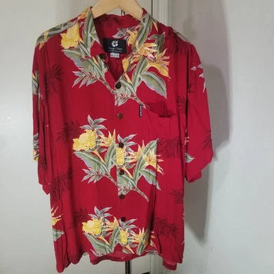 Camisa Hawaiana Mango Moon Hombres Lg Roja Floral Informal De Colección Vacaciones Aloha Playa Foto 1 de 4