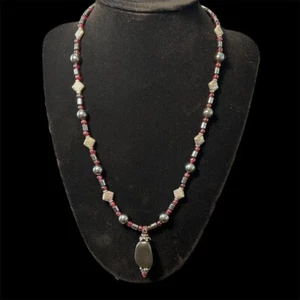Artisan Beaded Necklace Red Gemstone Pendant Toggle Clasp Womens Hippie - Picture 1 of 5