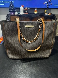 MICHAEL KORS MK Leather HARPER LARGE BROWN SIGNATURE MONOGRAM TOTE BAG PURSE - Picture 1 of 4