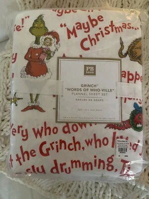 NWT Pottery Barn Teen ~GRINCH WORDS WHO-VILLE~ *FULL* Flannel SHEETS ~CHRISTMAS~ - Image 1 of 4