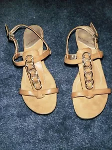 Bandolino Sandals Happy Me Women 7 1/2 Brown Tan Open Toe T-Strap Embellished - Picture 1 of 17