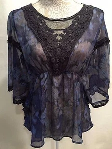 Free People Sheer Watercolor Batwing Lace Trim Tunic Stretch Waist Blouse Top S - Picture 1 of 9