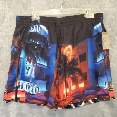 Caribbean Swimwear Mens Tag Size Large Blue Swim Trunks Stretch Lined Graphic - Image 1 of 4