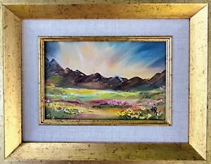 Kleines Ölgemälde + Rahmen, Berglandschaft, blühende Felder, bestes Geschenk. - Bild 1 von 14