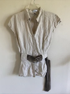Saint Tropez West 100 % Leinen khaki hellbraun Gürtel Button-Down Hemd Large Safari - Bild 1 von 10