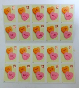 2003 I LOVE YOU Candy Hearts 37 cent First Class US Stamp Book of 20 - Picture 1 of 4