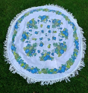 Vintage Blue and Green Fruit Print Oval Tablecloth with Fringe Cottage Core Cute - Picture 1 of 5