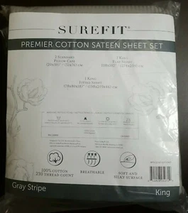 Surefit Premier Cotton Sateen King Sheet Set, 230 TC - Gray Stripe - New Sealed! - Picture 1 of 4