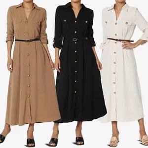 TheMogan Women's Rolled Sleeve Midi Shirt Dress w Collared Button Placket Belt - Picture 1 of 22