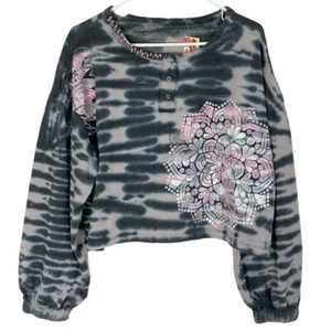 Handmade Floral Mandala Tie Dye Sweatshirt Womens Large Cropped Pullover Black - Picture 1 of 13