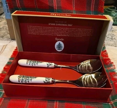 Spode Christmas Tree Salad Servers Serving Set, Spoon & Fork Set, New In Box - Image 1 of 4