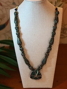 Heavy Tribal Green Inlaid Stone Pendant Necklace – Boho Artisan Ethnic Statement - Picture 1 of 6