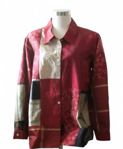 Coldwater Creek Silk Blend Overshirt Jacket L – Red Color block Satin Look - Picture 1 of 9