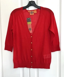 NWT Tory Burch sz Medium (runs small) red silk blend 3/4 sleeve cardigan sweater - Picture 1 of 5
