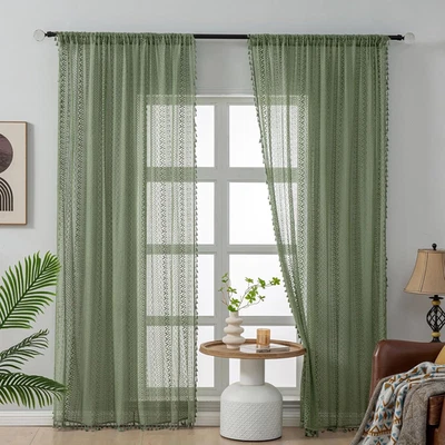 Sage 绿色棉钩针花边波西米亚窗帘杆口袋滤光 2 面板 — 第 1/4 张图片