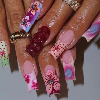 24Pcs Long Square False Nail With 3D Floral Pattern on Nail for Women - Image 1 of 4