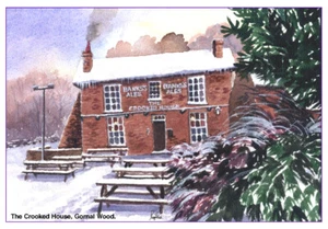 TARJETA DE NAVIDAD BRILLANTE PINTURA ARTISTAS GORNAL DUDLEY PUB CASA TORCIDA 8"x 6" - Imagen 1 de 2