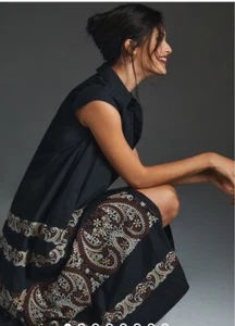 Vestido Camisa Anthropologie Bordado Midi Swing Negro Talla Pequeña - Imagen 1 de 5