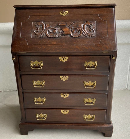 R.J Horner (Style of) Carved Oak Fall-Front Secretary Desk Cover
