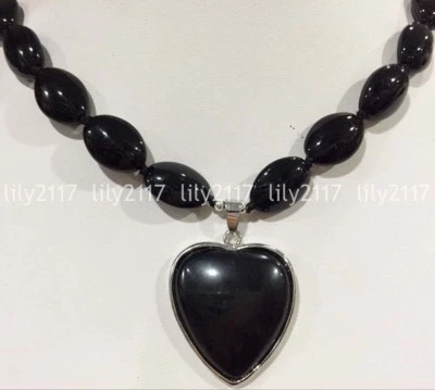 Collar colgante 13x18mm natural ágata negra ovalada 30mm forma corazón 18"" Foto 1 de 3