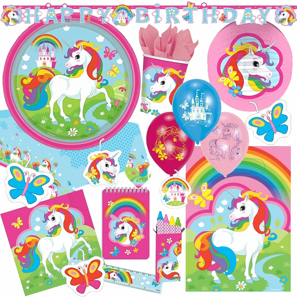 REGENBOGEN EINHORN - Geschirr Deko Unicorn Mitgebsel Kinder Geburtstag Party Set - Bild 1 von 1
