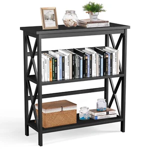 Wooden Shelf Bookcase 3-Tier Open Bookshelf W/X-Design Freestanding Rack Black - Picture 1 of 10