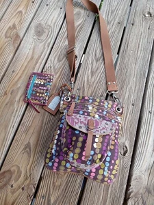 Fossil Beautiful Canvas Polka-dot  Crossbody Handbag Bag With Matching Wallet - Picture 1 of 15