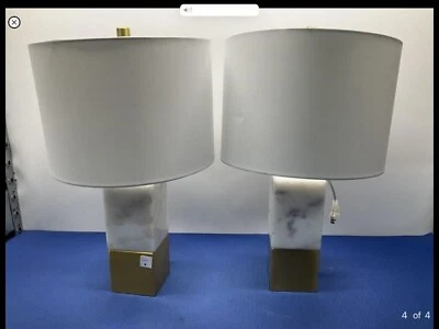 Set Of 2 Heavy Marble and Gold Base  Electric Operated Lamps with round shades - Image 1 of 4