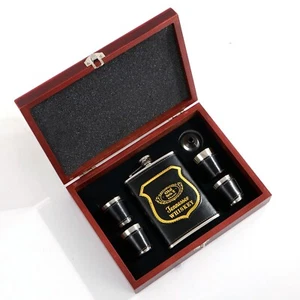 Stainless Steel/Faux Leather 8 Oz/236 ml Hip Flask With 4 Shot Glasses & Funnel - Picture 1 of 6