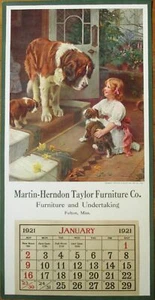 Calendario/póster de publicidad Fulton, como nuevo 1921: muebles y emprendimiento - niña y perro - Imagen 1 de 1