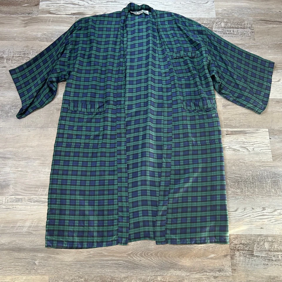 Addiction Kimono Robe 100% Silk Green Navy Plaid Open Front Duster Jacket - Image 1 of 4