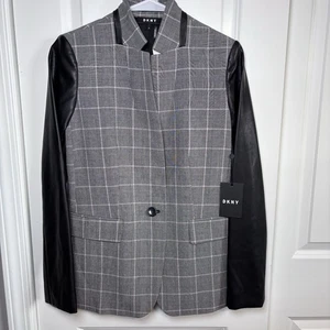 Blazer DKNY Ventana Panel Cuero Cuadros Acentos Chaqueta Top TEDO XSpequeño Un Botón - Imagen 1 de 18