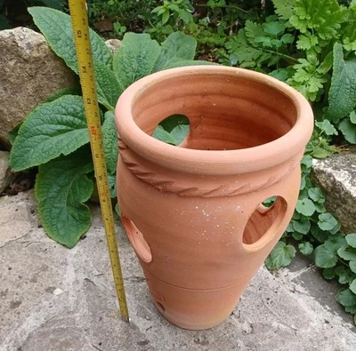 Very slightly weathered handmade terracotta strawberry herb pot 31cm tall - Image 1 of 4