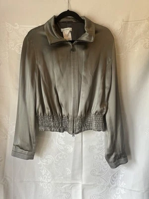 Rene’ Lezard 真丝缎拉链轰炸机夹克,腰围皱褶 — 第 1/4 张图片