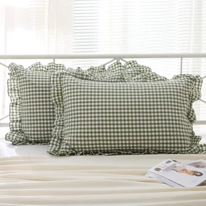 2 Pack Sage Green White Plaid Ruffle Pillow Shams Standard Size 20X26 Inches, 10 - Picture 1 of 7