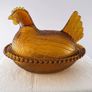 Vintage Indiana Glas golden Bernstein Henne auf Nest getupft Perlen HON Herbst SCHÖN! - Bild 1 von 21