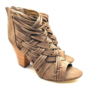 JustFab "Can’t Be Tamed" Taupe Caged Heeled Sandals (8) Braided Strappy Zip Back - Picture 1 of 8
