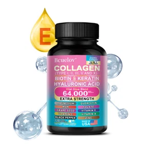 Péptidos de colágeno tipos I, II, III, V, X 1000mg píldoras cápsulas antienvejecimiento para la piel - Imagen 1 de 15