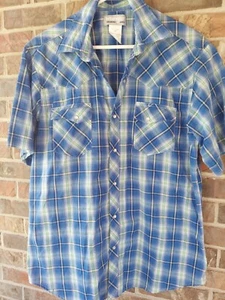 Mens Wrangler Cowboy Pearl Snap Short Sleeve Shirt. Blue Plaid. Size L. Vintage. - Picture 1 of 8