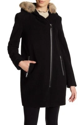 $370 NWT Marc New York Robbie Front Zip Genuine Fur Trim Hooded Black Coat sz 10 - Image 1 of 4