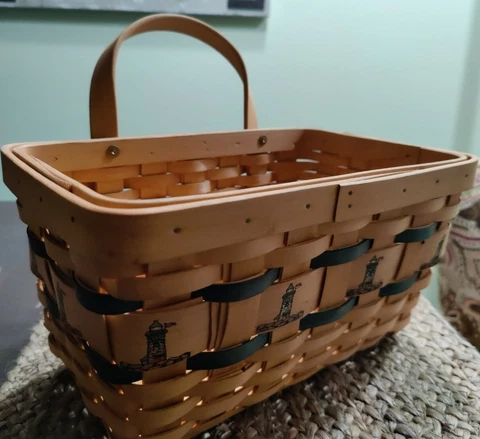 Woven Basket Handle Wall Table Lighthouses Coast Rustic Nautical Blue Tan Mail Cover