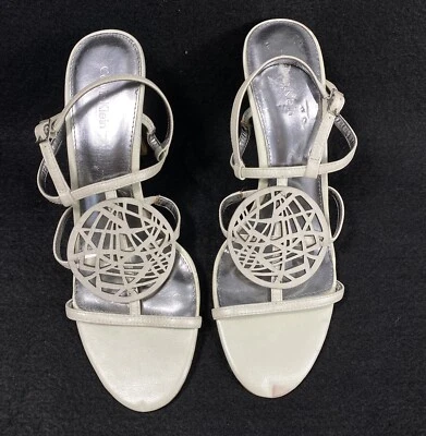 Vintage NOS Calvin Klein Ankle Strap Sandals Heels White Pierced Leather 7.5M - Image 1 of 4