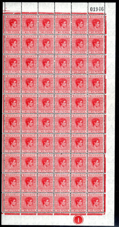 Bahamas 1941 2d scarlet r hand pane of 60 inc 1 x short "T" variety SG 152b MNH - Image 1 of 1