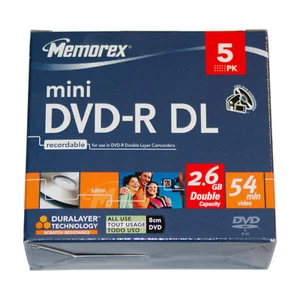 Memorex 8 cm Mini DVD-R DL półfabrykaty | 5 sztuk | 2,6 GB | 54 min | np. kamera - Zdjęcie 1 z 4