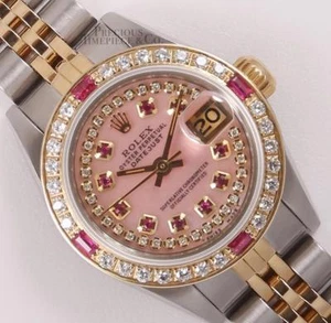 Rolex Lady Datejust 26mm 18k/SS Two Tone-Pink MOP String Dial-Ruby Diamond Bezel - Picture 1 of 6