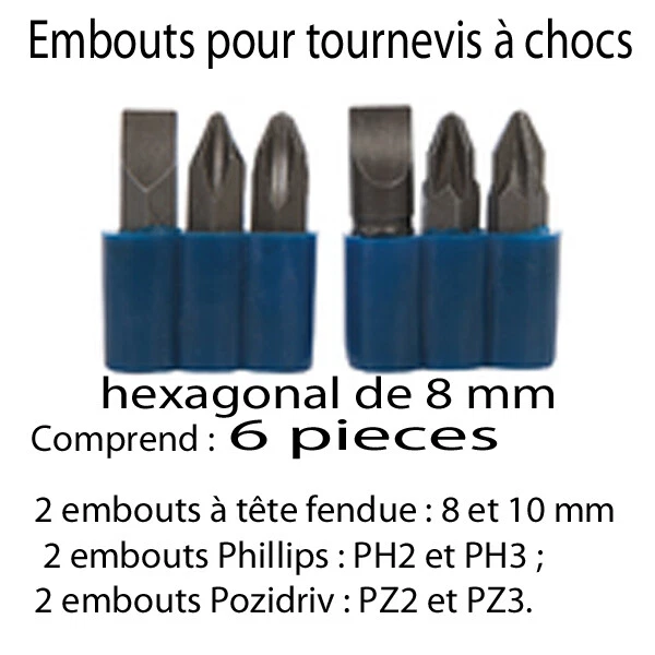 Embout pour tournevis à frapper a choc hexagonal de 8 mm