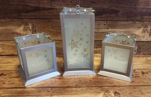 Set of 3 Frosted Glass Silver Star Decorative Candle Lanterns Pillar Tealight - Picture 1 of 7