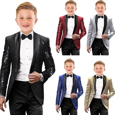 Traje de Esmoquin Brillante Lentejuelas para Niños Calce Ajustado 2 Piezas Formal Baile de graduación Vestido Traje Foto 1 de 4